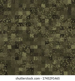 Texture military digital olive camouflage seamless pattern. Abstract army and hunting masking ornament background. Vector digital pixel mosaic camo texture