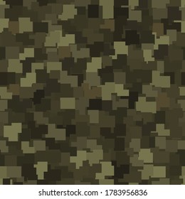Texture military digital olive camouflage seamless pattern. Abstract army and hunting masking ornament background. Vector digital pixel mosaic camo texture