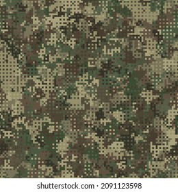 Texture military digital olive camouflage seamless pattern. Abstract army and hunting masking ornament background. Vector digital pixel mosaic camo texture