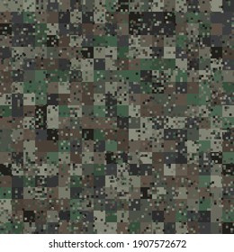 Texture military digital pine forest camouflage seamless pattern. Abstract army and hunting masking ornament background. Vector digital pixel mosaic camo texture
