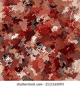 Texture military digital red brown camouflage seamless pattern. Abstract army and hunting masking ornament background. Vector digital pixel mosaic camo texture