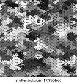 Texture military gray and white colors winter camouflage seamless pattern. Urban and mountains hexagon snakeskin. Abstract army and hunting masking ornament texture. Vector illustration background