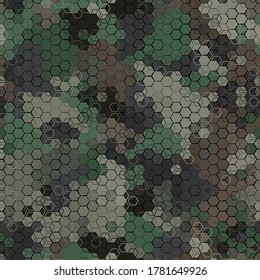 Texture military green and brown colors forest camouflage seamless pattern. Urban hexagon snakeskin. Abstract army and hunting masking ornament texture. Vector illustration background