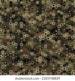 Texture military green, brown and olive colors forest camouflage seamless pattern. Urban hexagon snakeskin. Abstract army and hunting masking ornament texture. Vector illustration background