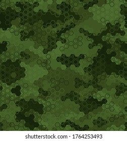 Texture military green and olive colors forest camouflage seamless pattern. Urban hexagon snakeskin. Abstract army and hunting masking ornament texture. Vector illustration background