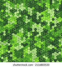 Texture military lime green colors forest camouflage seamless pattern. Jungle and forest hexagon snakeskin. Abstract army and hunting masking ornament texture. Vector illustration background