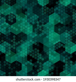 Texture military malachite green colors forest camouflage seamless pattern. Marsh and woodland hexagon snakeskin. Abstract army and hunting masking ornament texture. Vector illustration background