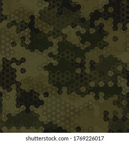 Texture military olive and tan colors forest camouflage seamless pattern. Urban hexagon snakeskin. Abstract army and hunting masking ornament texture. Vector illustration background