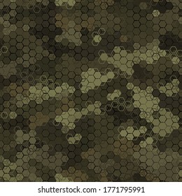 Texture military olive and tan colors forest camouflage seamless pattern. Urban hexagon snakeskin. Abstract army and hunting masking ornament texture. Vector illustration background