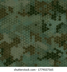 Texture military olive and tan colors forest camouflage seamless pattern. Marsh and woodland hexagon snakeskin. Abstract army and hunting masking ornament texture. Vector illustration background