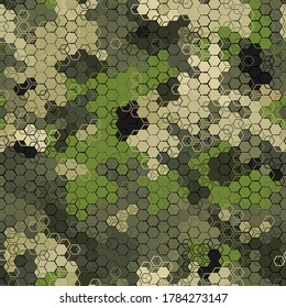 Texture military olive and tan colors forest camouflage seamless pattern. Urban and mountains hexagon snakeskin. Abstract army and hunting masking ornament texture. Vector illustration background