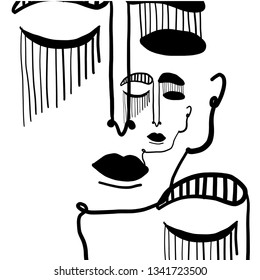 Texture of minimal abstract cubism face. Art in matisse style. Linear abstract human face. Minimalist avatar of man or woman. Design texture for print on fabric, stationery. 
