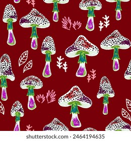 Texture mushrooms, fly agarics. Mushroom organic pattern. Cartoon style. Hand drawn elements. Vector seamless overlapping pattern.