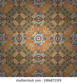 Texture, new background. Geometric stylized multicolored seamless pattern. Vector modern geometrical abstract background in brown, blue and yellow colors.