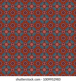 Texture, new background. Geometric stylized multicolored seamless pattern. Vector modern geometrical abstract background in red, blue and brown colors.