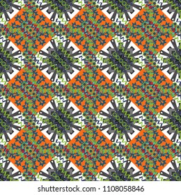 Texture, new background. Geometric stylized multicolored seamless pattern. Vector modern geometrical abstract background in gray, orange and blue colors.
