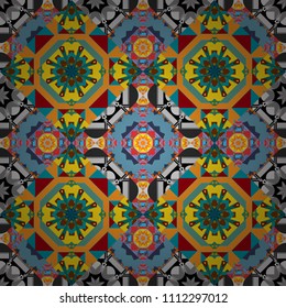 Texture, new background. Geometric stylized multicolored seamless pattern. Vector modern geometrical abstract background in blue, yellow and gray colors.