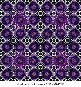Texture, new background. Geometric stylized multicolored seamless pattern. Vector modern geometrical abstract background in white, violet and black colors.
