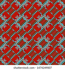 Texture, new background. Geometric stylized multicolored seamless pattern. Vector modern geometrical abstract background in brown, red and blue colors.