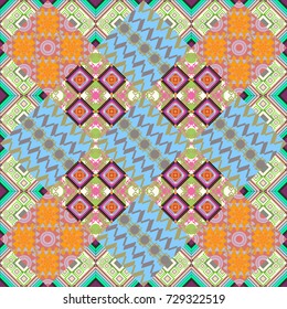 Texture, new background. Geometric stylized multicolored seamless pattern. Vector modern geometrical abstract background in beige, blue and green colors.