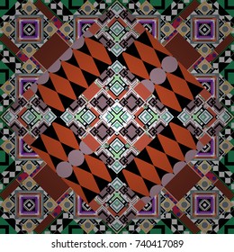 Texture, new background. Geometric stylized multicolored seamless pattern. Vector modern geometrical abstract background in black, orange and white colors.