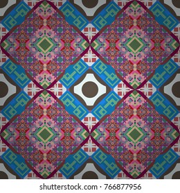 Texture, new background. Geometric stylized multicolored seamless pattern. Vector modern geometrical abstract background in brown, blue and pink colors.