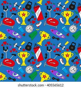  texture of objects of the gym, the exercise bike a vector, a sports equipment, a background, a dumbbell and a punching bag,  a pattern for fitness 