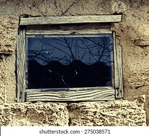 Texture from old coquina (limestone) with window. Rustic window of an old barn, rural motif. Vector