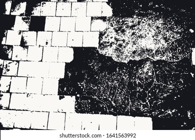 The texture of an old damaged cracked concrete floor with tiles. Grunge texture with scratches and dirt. Vector illustration.