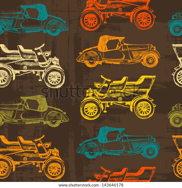 texture of the old paper. seamless texture vintage\
cars. Vector vintage car seamless pattern. ink stains and brush\
strokes. texture of the old\
paper