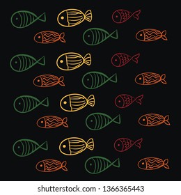 Texture on black background and white frame with colorful fish vector illustration