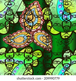 Texture on green gradient background with doodles. Vector illustration. For your design wallpapers, pattern fills, web page backgrounds, surface textures. 