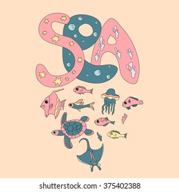 Texture on a nautical theme, fish, seaweed, ocean, isolated, vector graphics, background