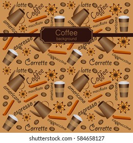 texture on the theme of coffee, coffee teapot, cup of coffee, coffee beans, cinnamon, anise