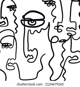 texture with one continuous line drawing of faces. Minimalist concept design for home decor, t-shirt and clothes print. Vector illustration. 