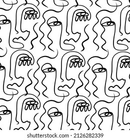 texture with one continuous line drawing of faces. Minimalist concept design for home decor, t-shirt and clothes print. Vector illustration. 