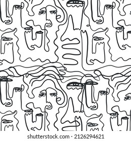 texture with one continuous line drawing of faces. Minimalist concept design for home decor, t-shirt and clothes print. Vector illustration. 