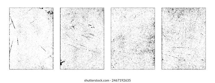 Texture overlay, worn paper effect, realistic damaged and scratched page or foil. Vector isolated set of grunge vintage or retro prints with grain surface. Border stamp with dust or paint