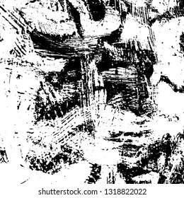 The texture of paint strokes with a dry brush. Grunge background black and white. Monochrome vintage surface in stains, dust and dirt. Gloomy pattern of scuffs, wear, cracks, chips