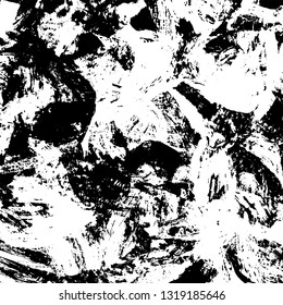 The texture of paint strokes with a dry brush. Grunge background black and white. Monochrome vintage surface in stains, dust and dirt. Gloomy pattern of scuffs, wear, cracks, chips