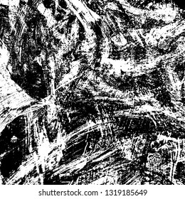 The texture of paint strokes with a dry brush. Grunge background black and white. Monochrome vintage surface in stains, dust and dirt. Gloomy pattern of scuffs, wear, cracks, chips
