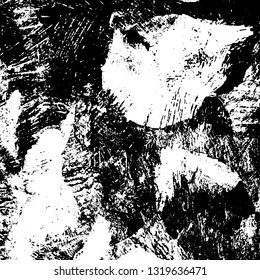The texture of paint strokes with a dry brush. Grunge background black and white. Monochrome vintage surface in stains, dust and dirt. Gloomy pattern of scuffs, wear, cracks, chips