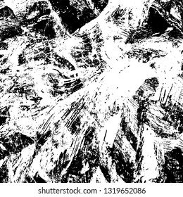 The texture of paint strokes with a dry brush. Grunge background black and white. Monochrome vintage surface in stains, dust and dirt. Gloomy pattern of scuffs, wear, cracks, chips