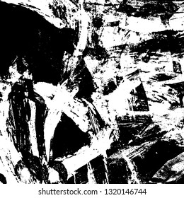 The texture of paint strokes with a dry brush. Grunge background black and white. Monochrome vintage surface in stains, dust and dirt. Gloomy pattern of scuffs, wear, cracks, chips
