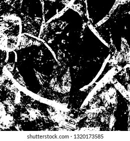 The texture of paint strokes with a dry brush. Grunge background black and white. Monochrome vintage surface in stains, dust and dirt. Gloomy pattern of scuffs, wear, cracks, chips