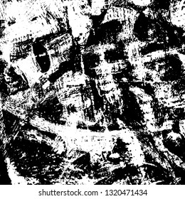 The texture of paint strokes with a dry brush. Grunge background black and white. Monochrome vintage surface in stains, dust and dirt. Gloomy pattern of scuffs, wear, cracks, chips
