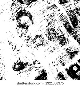 The texture of paint strokes with a dry brush. Grunge background black and white. Monochrome vintage surface in stains, dust and dirt. Gloomy pattern of scuffs, wear, cracks, chips