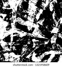 The texture of paint strokes with a dry brush. Grunge background black and white. Monochrome vintage surface in stains, dust and dirt. Gloomy pattern of scuffs, wear, cracks, chips