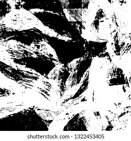The texture of paint strokes with a dry brush. Grunge background black and white. Monochrome vintage surface in stains, dust and dirt. Gloomy pattern of scuffs, wear, cracks, chips