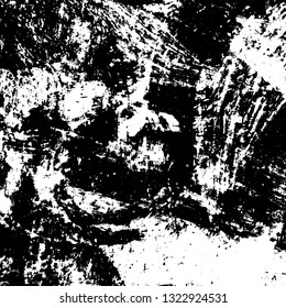 The texture of paint strokes with a dry brush. Grunge background black and white. Monochrome vintage surface in stains, dust and dirt. Gloomy pattern of scuffs, wear, cracks, chips
